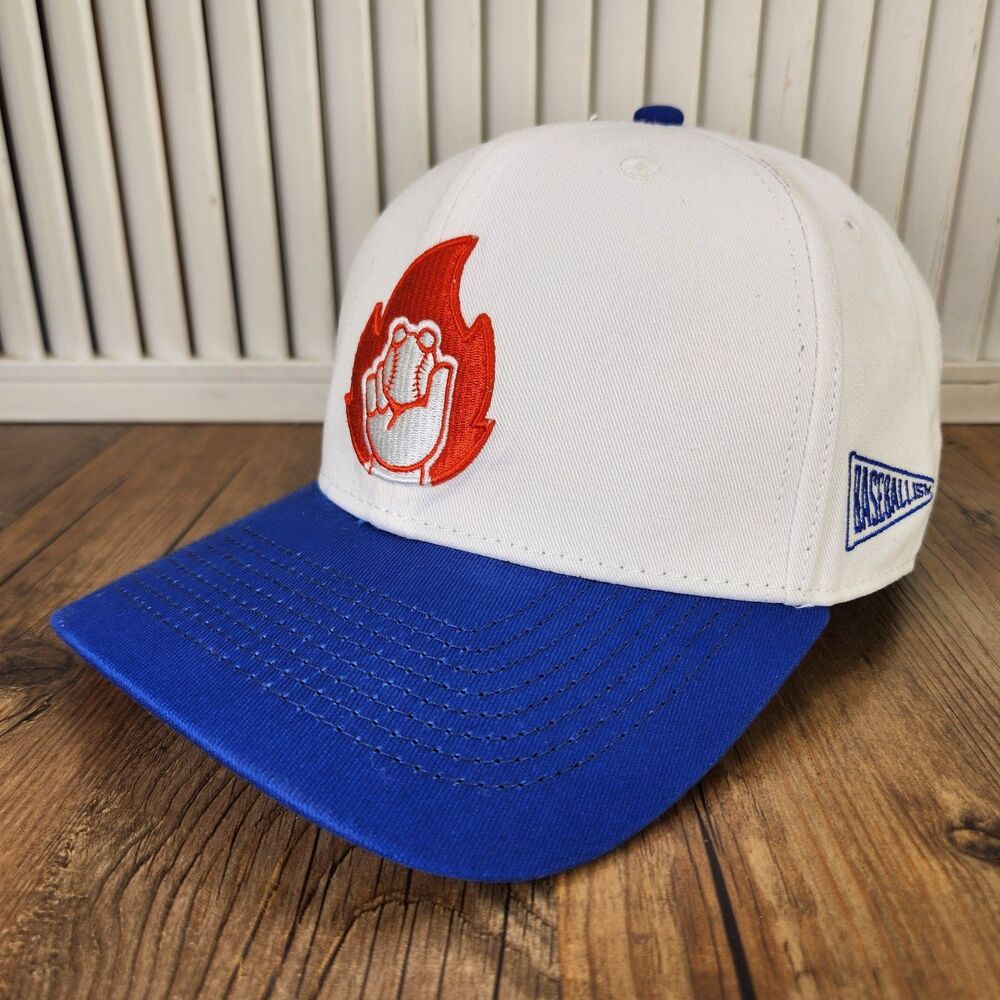 Baseballism Flamethrower Snapback Hat White Blue Embroidered Flaming Baseball